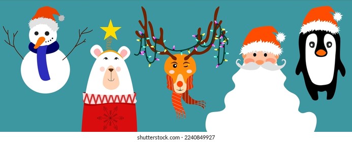 Ilustración vectorial de una colección de adorables elementos y personajes de las fiestas del invierno para celebrar y promover la navidad y el año nuevo (muñeco de nieve, oso polar, ciervo, santa claus y pingüino) , dibujados a mano.