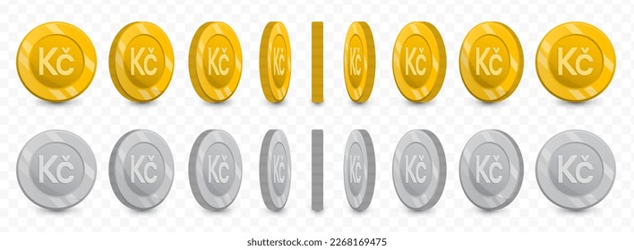 Vector illustration of a collection of Czech koruna currency coins in gold colors and grayscale isolated on transparent background (PNG).