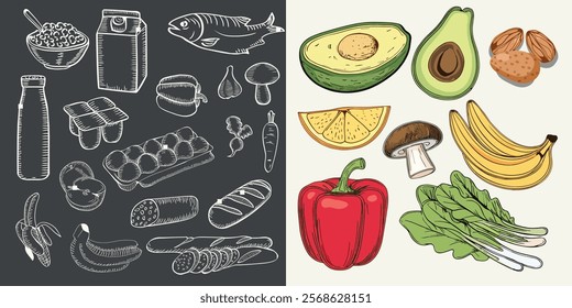 Vector illustration with a collection of Dairy farm products. Eco food concept in Sketch style hand-drawn. Food and meal clipart illustration of grocery food icons.