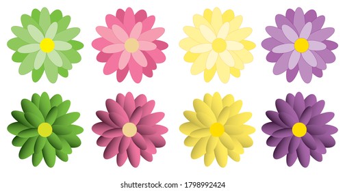 Vektorgrafik-Kollektion von Blumen im dunklen Stil in vier Farben: Grün, Rosa, Gelb und Violett.
