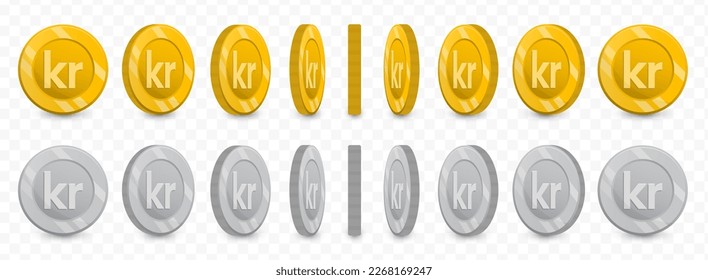 Vector illustration of a collection of Danish Krone currency coins in gold colors and grayscale isolated on transparent background (PNG).