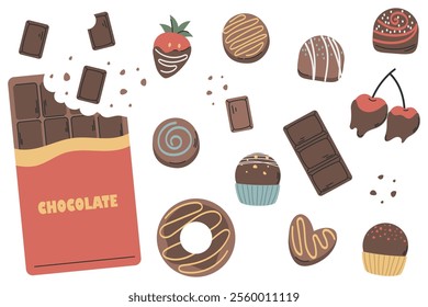 Vector illustration of a collection of delicious chocolate sweets. Colorful vector illustration with a variety of chocolate treats chocolate covered strawberries, donuts and candies