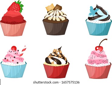 vector illustration of a collection of delicious colorful cupcakes on white background