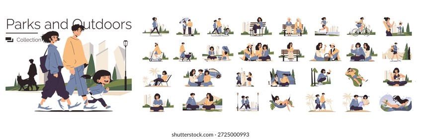 Vector illustration collection depicting diverse scenes of people engaging in various outdoor and park activities. Includes walking, cycling, relaxing, and socializing in vibrant settings.
