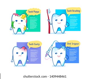 Vector illustration collection of designs with cartoon tooth characters. Teeth care, toothache and hygiene concepts.