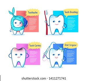 Vector illustration collection of designs with cartoon tooth characters. Teeth care, toothache and hygiene concepts.