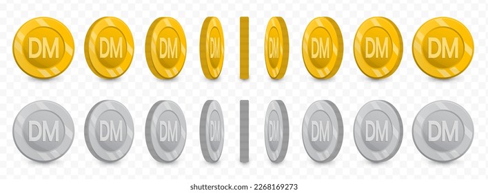 Vector illustration of a collection of deutsche mark  currency coins in gold colors and grayscale isolated on transparent background (PNG).