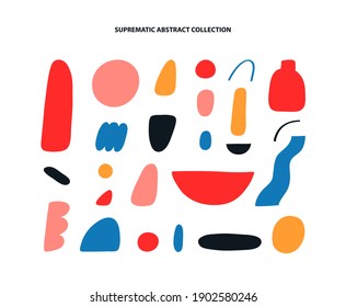 Vector illustration collection of different abstract shapes. Colorful abstract elements for cards, posters, stationery. Abstraction, figures, geometric shapes on white background.