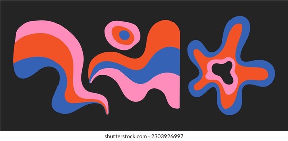 Vector illustration collection of different abstract shapes. Colorful abstract elements for cards, posters, stationery. Abstraction, figures, geometric shapes on dark background.