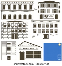 Vector illustration collection of different  buildings and a blueprint background on the bottom right corner. 