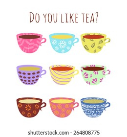 Vector illustration. Collection of different cute cups with tea, coffee, hot chocolate