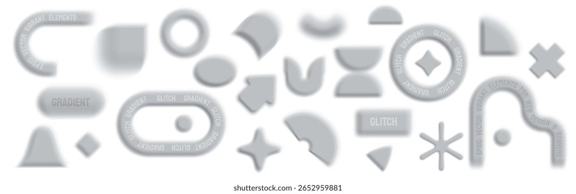 Vector illustration. Collection of different glitch gradient icons, decorative geometric forms, abstract symbols, glowing effect, y2k stule basic shapes, trendy retro aesthetics