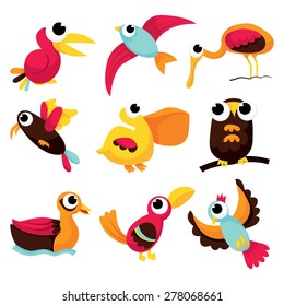 A vector illustration collection of different kind of cartoon birds.