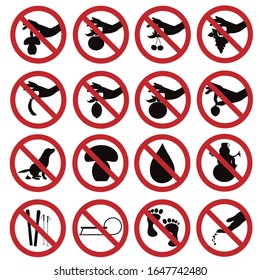 Vector illustration of collection of different prohibition signs on white background.