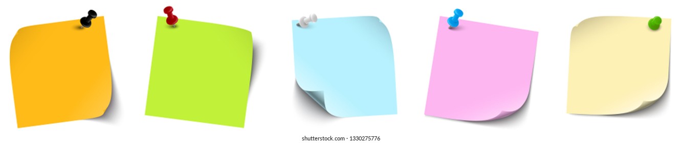 vector illustration of an collection of different sticky papers with pin needle or adhesive stripes office accessories