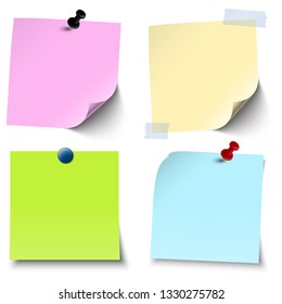 vector illustration of an collection of different sticky papers with pin needle or adhesive stripes office accessories