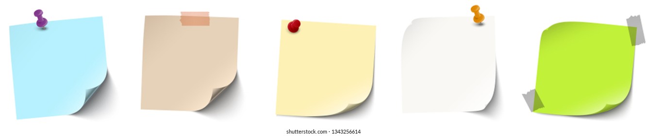 vector illustration of an collection of different sticky papers with pin needle or adhesive stripes office accessories