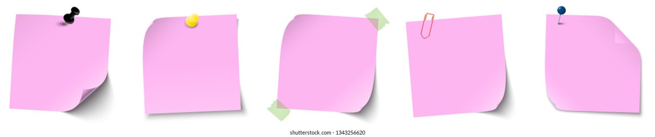 vector illustration of an collection of different sticky papers with pin needle or adhesive stripes office accessories