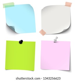 vector illustration of an collection of different sticky papers with pin needle or adhesive stripes office accessories
