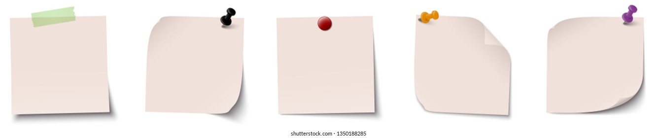 vector illustration of an collection of different sticky papers with pin needle or adhesive stripes office accessories