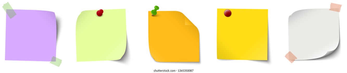 vector illustration of an collection of different sticky papers with pin needle or adhesive stripes office accessories