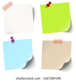 vector illustration of an collection of different sticky papers with pin needle or adhesive stripes office accessories
