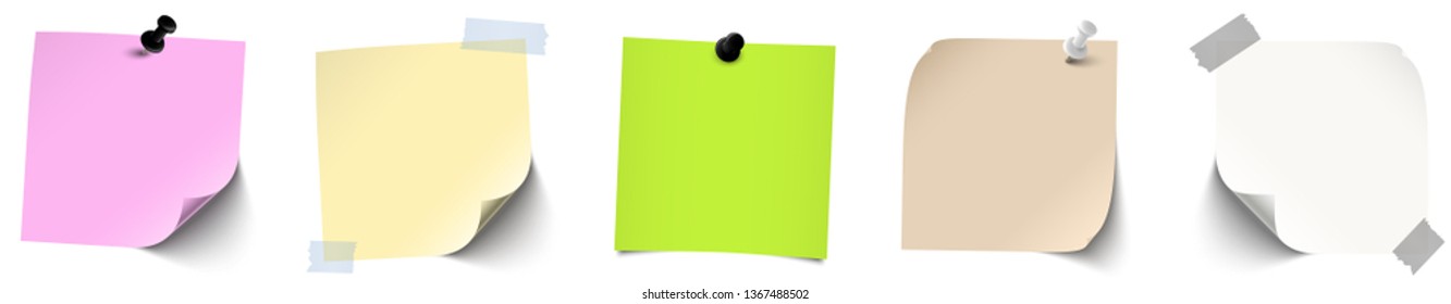 vector illustration of an collection of different sticky papers with pin needle or adhesive stripes office accessories