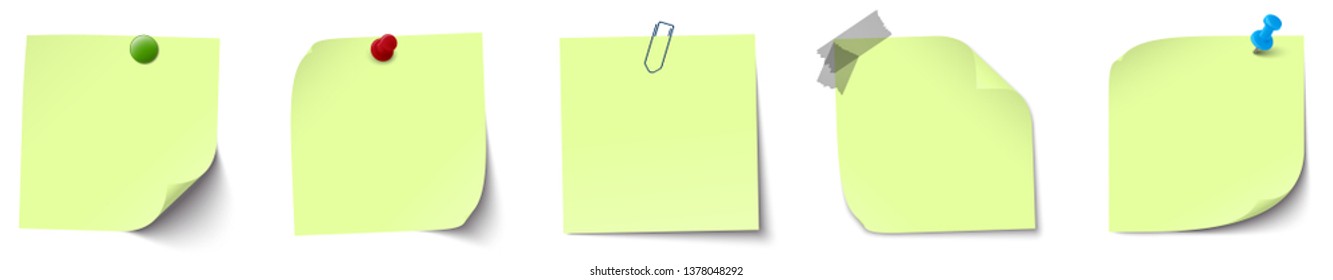 vector illustration of an collection of different sticky papers with pin needle or adhesive stripes office accessories