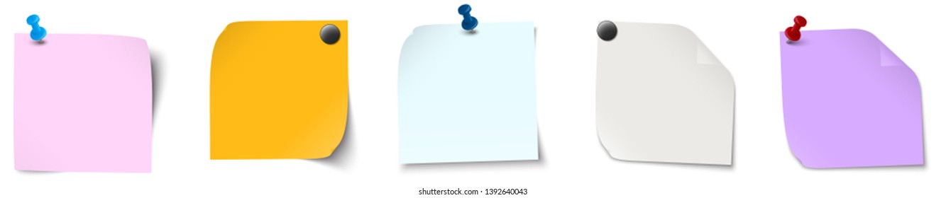 vector illustration of an collection of different sticky papers with pin needle or adhesive stripes office accessories