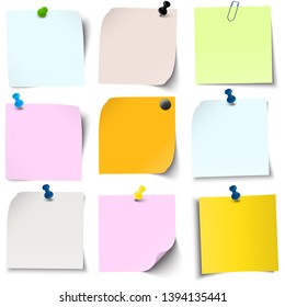 vector illustration of an collection of different sticky papers with pin needle or adhesive stripes office accessories