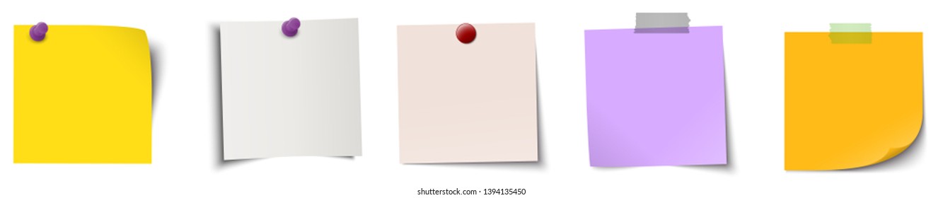 vector illustration of an collection of different sticky papers with pin needle or adhesive stripes office accessories