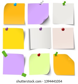 vector illustration of an collection of different sticky papers with pin needle or adhesive stripes office accessories