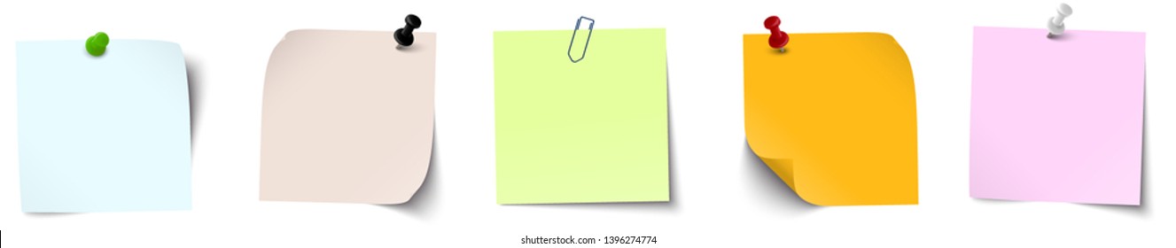 vector illustration of an collection of different sticky papers with pin needle or adhesive stripes office accessories