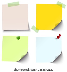 vector illustration of an collection of different sticky papers with pin needle or adhesive stripes office accessories