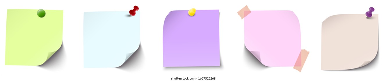 vector illustration of an collection of different sticky papers with pin needle or adhesive stripes office accessories