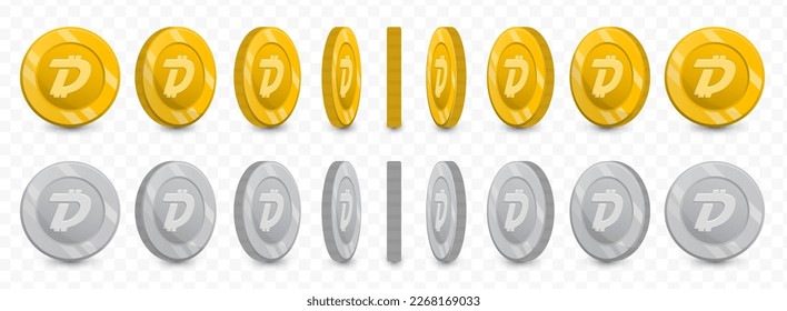 Vector illustration of a collection of DigiByte currency coins in gold colors and grayscale isolated on transparent background (PNG).