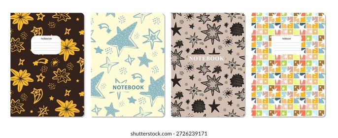 Coleção de ilustrações vetoriais exibindo quatro capas de notebook distintas com estrelas vibrantes e padrões geométricos. Cada capa apresenta esquemas de cores únicos e desenhos divertidos, perfeitos para os entusiastas de papelaria.