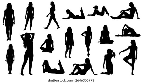 vector illustration: A collection of diverse black silhouette vector illustrations of women in various poses, standing, sitting, lying down, and stretching