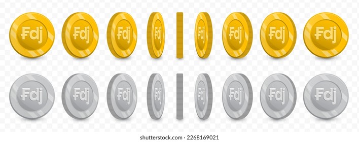 Vector illustration of a collection of Djiboutian Franc currency coins in gold colors and grayscale isolated on transparent background (PNG).