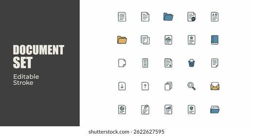 Vector illustration Collection of Document related line icons with various poses. Editable strokes.	