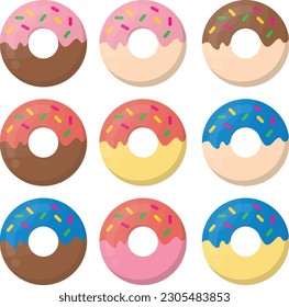 Vector illustration of collection of donuts of different flavors and colors. Donuts with sprinkles and colored glaze. Desserts and sweets.