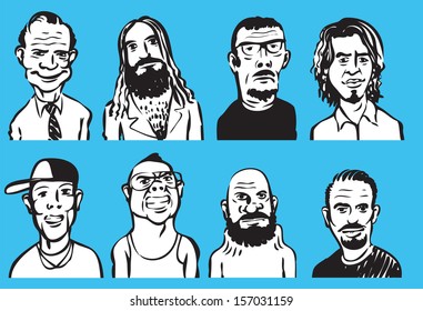 Vector illustration of collection of doodle men faces. Easy-edit layered vector EPS10 file scalable to any size without quality loss. High resolution raster JPG file is included.