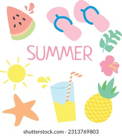 Vektorgrafik einer Sammlung von Doodles mit Referenzen zum Sommer. Sommerstimmungen. Sommerobjekte wie Ananas, Wassermelone, Limonade, Flip Flops, Seesterne, Sonne, Strandblumen und Blätter.