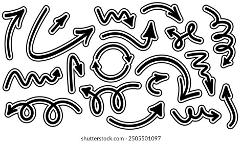 Vector illustration of a collection of dynamic curved and wavy black arrow icons featuring bold white outlines and unique flow styles.