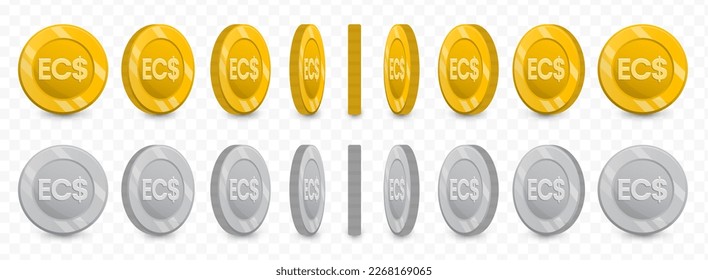 Vector illustration of a collection of East Caribbean Dollar currency coins in gold colors and grayscale isolated on transparent background (PNG).