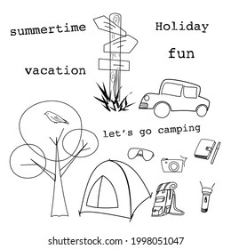 Vector illustration collection of elements line art style to do with camping or traveling with English texts concept for summer holiday