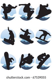 Vector illustration of collection of emblems of snowboarders