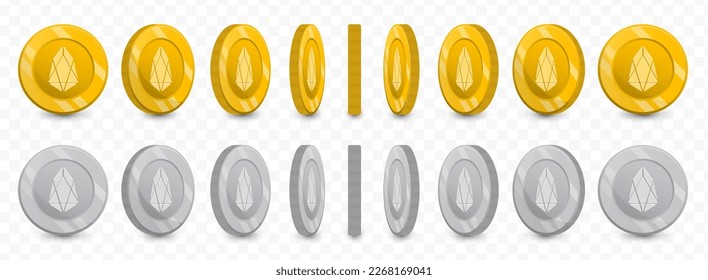 Vector illustration of a collection of Eos currency coins in gold colors and grayscale isolated on transparent background (PNG).
