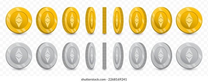 Ilustración vectorial de una colección de monedas en euros Ethereum Classic en colores dorados y escala de grises aisladas en fondo transparente (PNG).