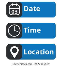 Ilustración vectorial de una colección de íconos de eventos que indican fecha, hora y ubicación. Icono plano con un día específico marcado, día 03.
